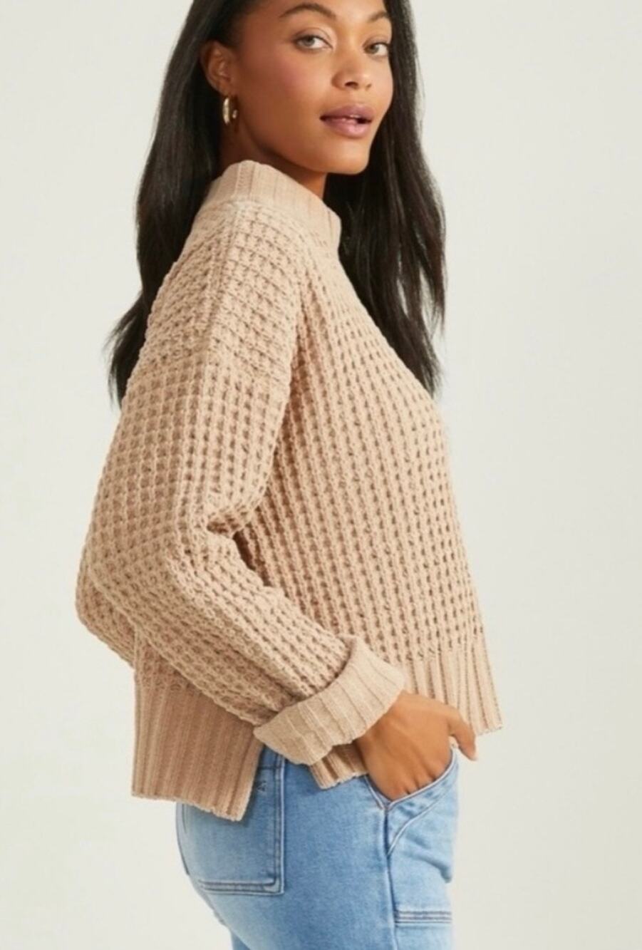 Altar'd State Tan Chenille Waffle Knit Mock Neck Sweater Small Ribbed Hem